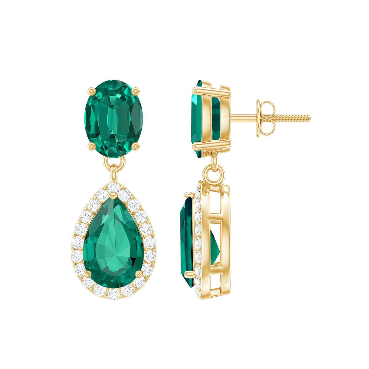 Lab created emerald and moissanite dangle earrings from Rosec Jewels featuring classic design and sparkling gemstone accents.