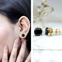 4 Carat Cushion Cut Black Spinel Solitaire Stud Earrings