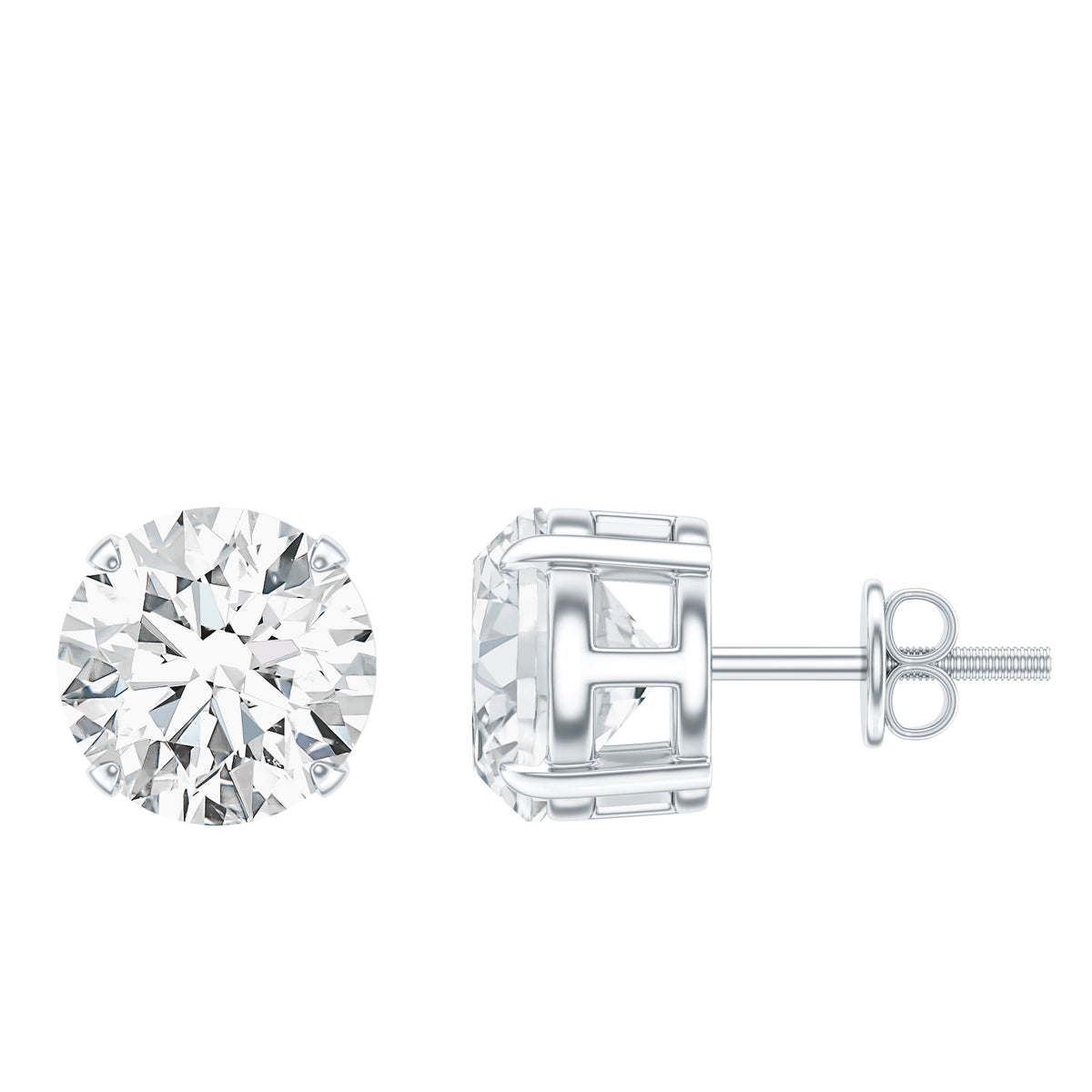 Certified 4 Carat Moissanite stud earrings in silver, featuring sparkling gemstones and a classic earring design.