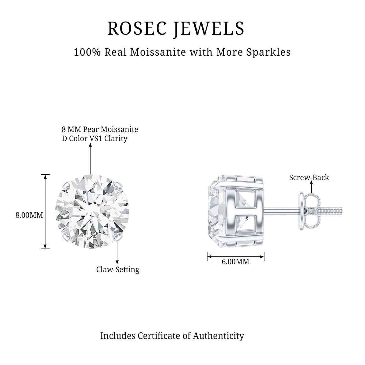Certified 4 Carat Moissanite stud earrings in silver with sparkling gemstones, designed by Rosec Jewels.