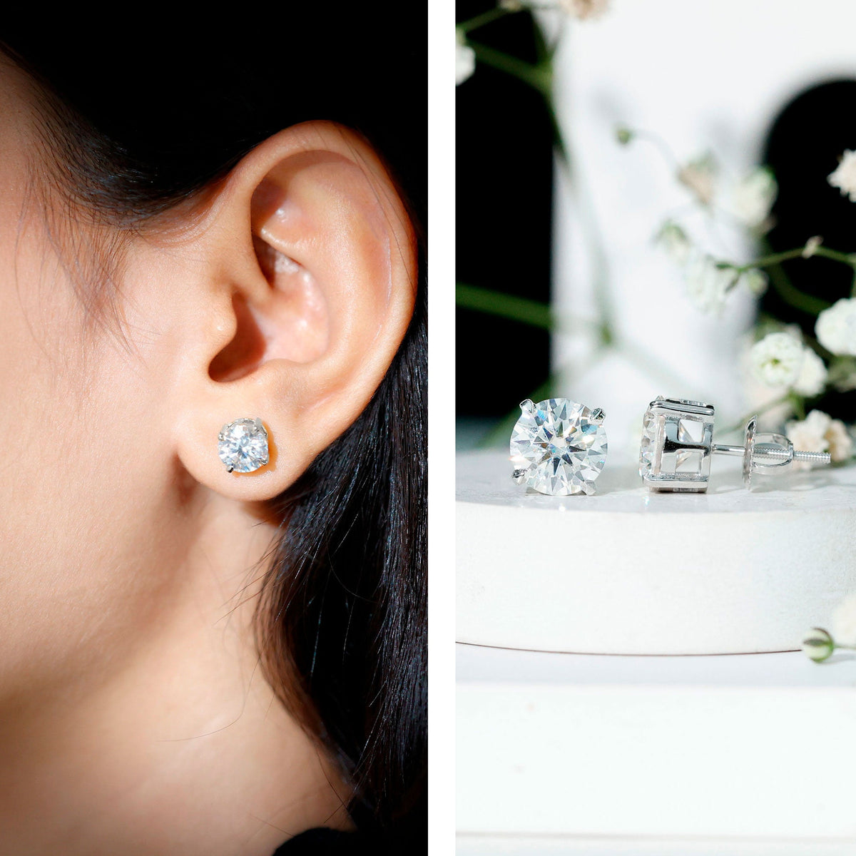 Certified 4-carat moissanite stud earrings in silver, featuring sparkling gemstone settings, by Rosec Jewels.