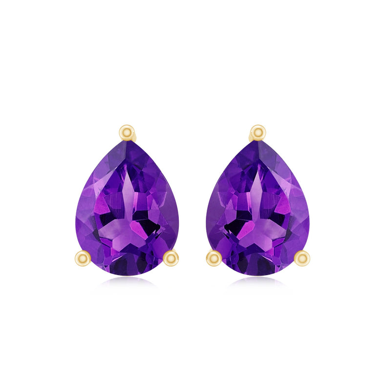 Natural pear-shaped amethyst teardrop stud earrings by Rosec Jewels, featuring vibrant purple gemstones on silver posts.