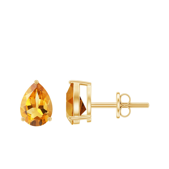 Natural pear-shaped citrine stud earrings from Rosec Jewels, November birthstone jewelry with gold-tone setting.