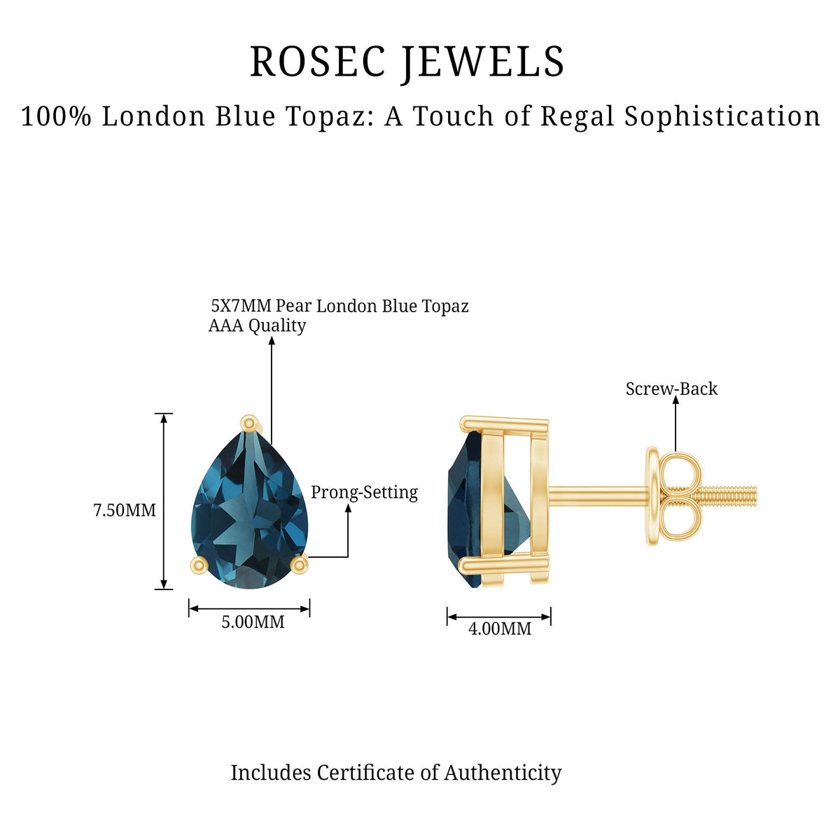 1.5 Carat Pear Shape London Blue Topaz Teardrop Stud Earrings