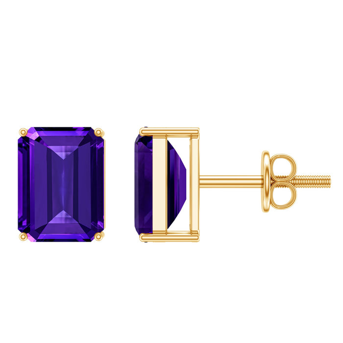 Rosec Jewels 2.8 carat emerald cut amethyst solitaire stud earrings with silver settings, showcasing vibrant purple gemstones.