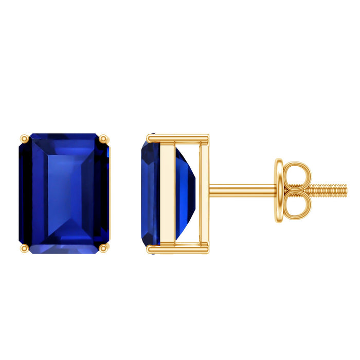 Emerald cut lab-created blue sapphire stud earrings by Rosec Jewels, featuring 3.5 carats of vibrant blue gemstones.