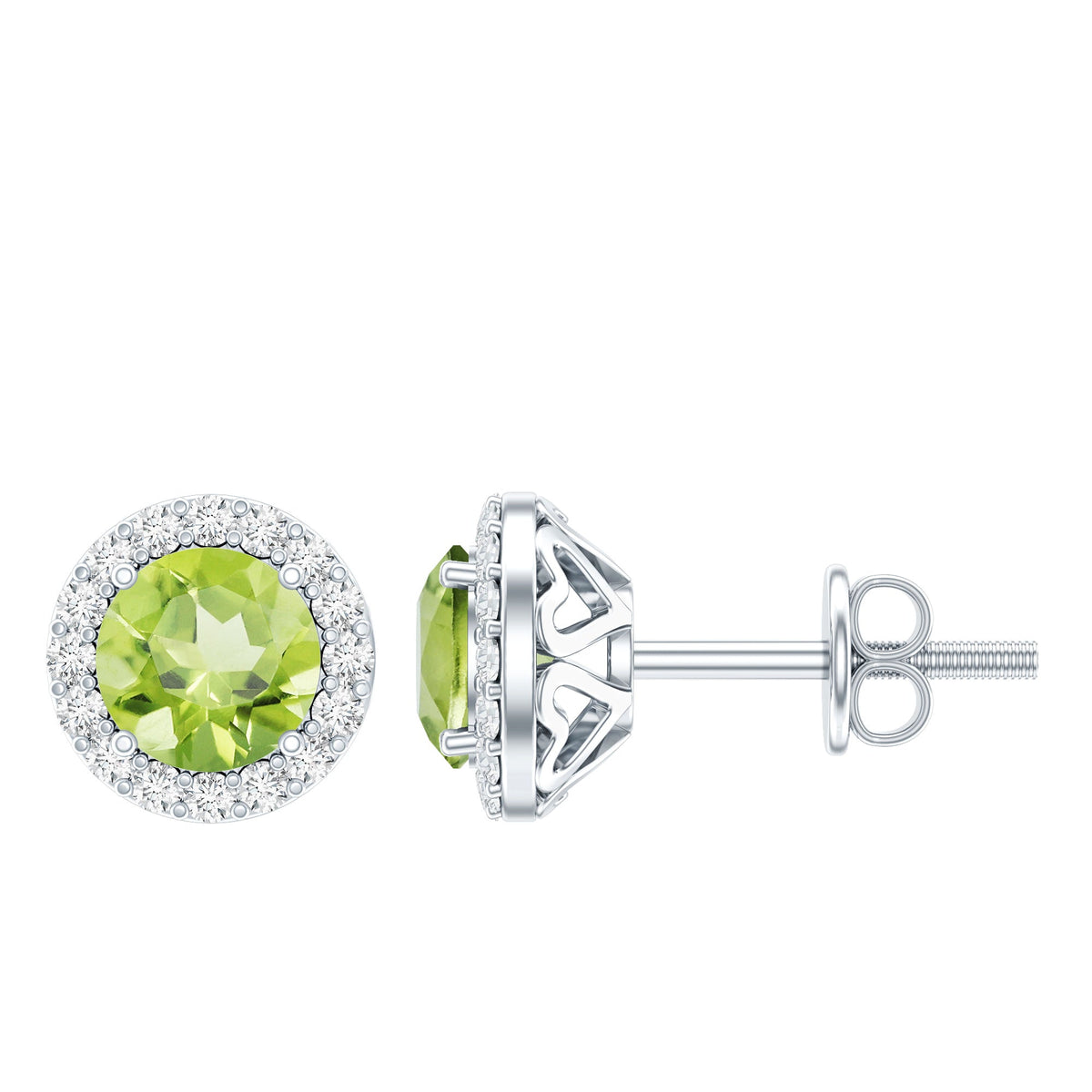 Rosec Jewels classic peridot and diamond stud earrings for women, featuring vibrant green gemstones and sparkling diamonds.