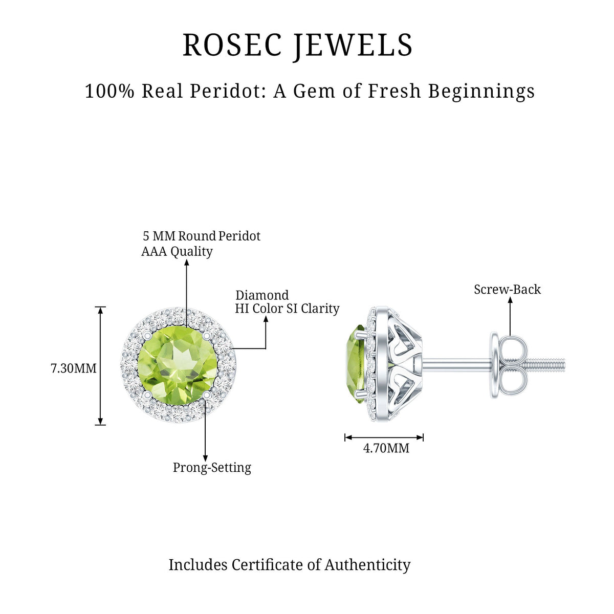 Rosec Jewels classic peridot and diamond stud earrings for women featuring sparkling gemstones and elegant design.