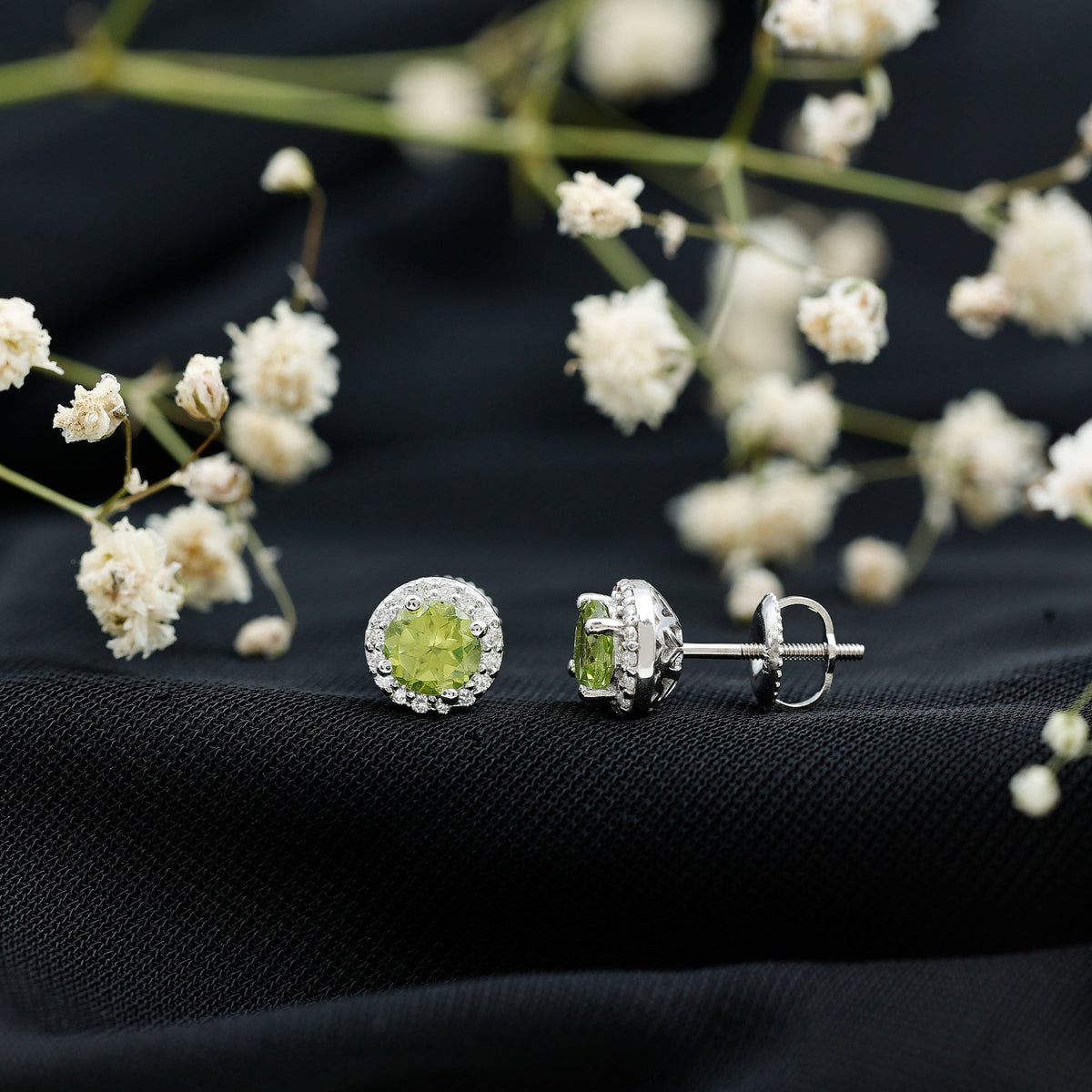 Rosec Jewels classic peridot and diamond stud earrings for women, featuring green gemstones and sparkling diamonds.