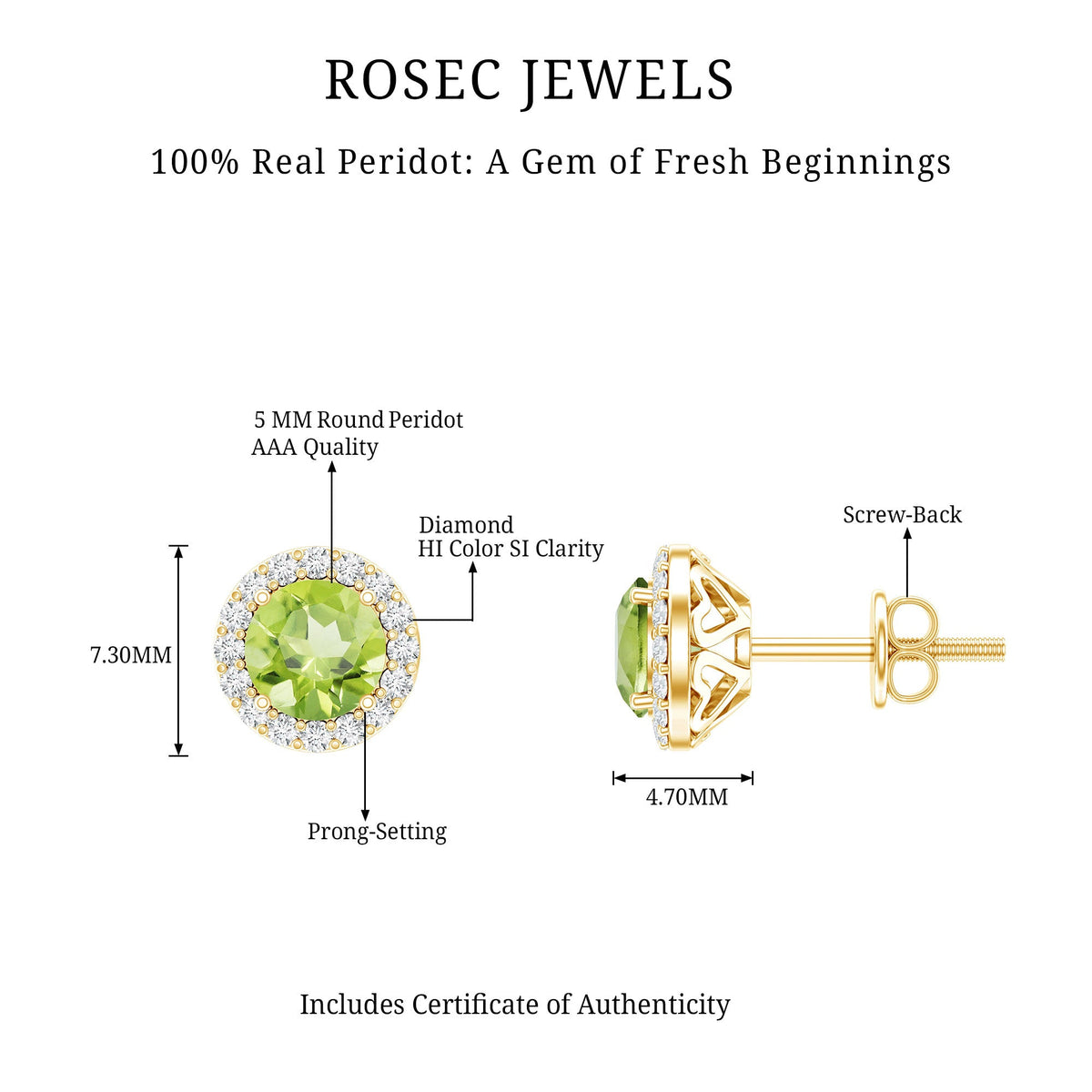 Elegant peridot and diamond stud earrings for women by Rosec Jewels, featuring vibrant green gemstones and sparkling accents.