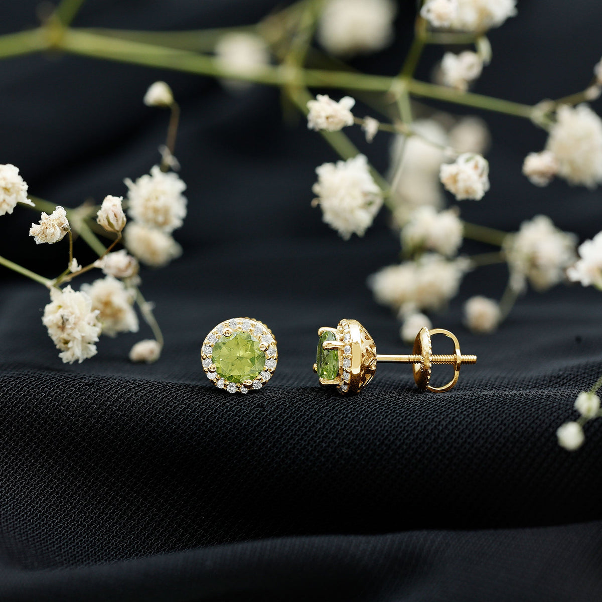Rosec Jewels classic peridot and diamond stud earrings for women, featuring green gemstones and sparkling diamonds.