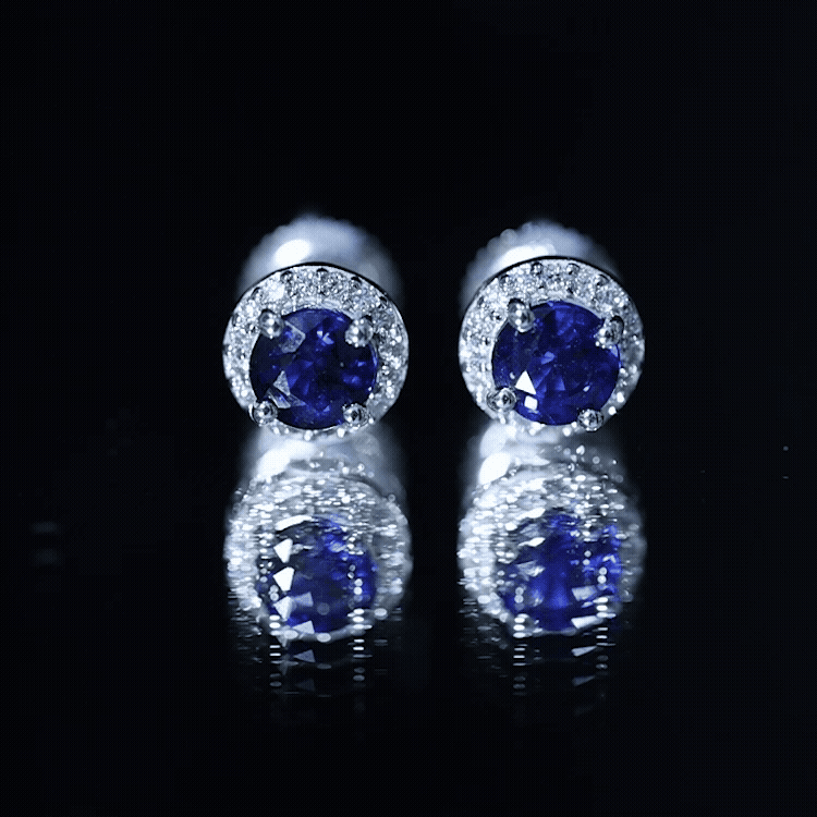 Real 1.9 carat blue sapphire and diamond halo stud earrings by Rosec Jewels featuring sparkling stones and elegant design.