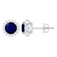Real 1.9 carat blue sapphire and diamond halo stud earrings by Rosec Jewels featuring sparkling gemstones and elegant design.