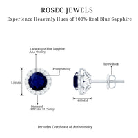 Real 1.9 carat blue sapphire and diamond halo stud earrings by Rosec Jewels, showcasing sparkling gemstones and elegant design.