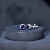 Real 1.9 carat blue sapphire and diamond halo stud earrings by Rosec Jewels, featuring a sparkling gemstone design.
