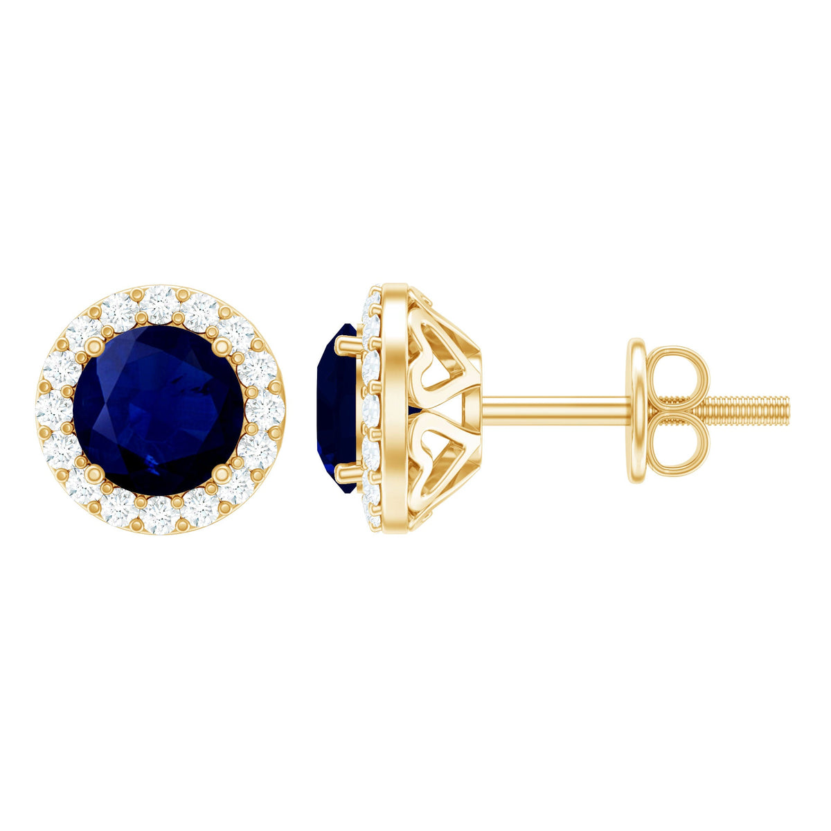 Real 1.9 carat blue sapphire and diamond halo stud earrings by Rosec Jewels, featuring sparkling gemstones and elegant design.
