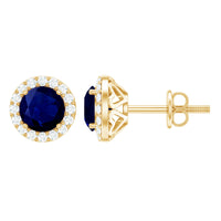 Real 1.9 carat blue sapphire and diamond halo stud earrings by Rosec Jewels, featuring sparkling gemstones and elegant design.
