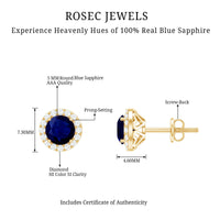Real 1.9 carat blue sapphire and diamond halo stud earrings by Rosec Jewels featuring sparkling gemstones and elegant design.