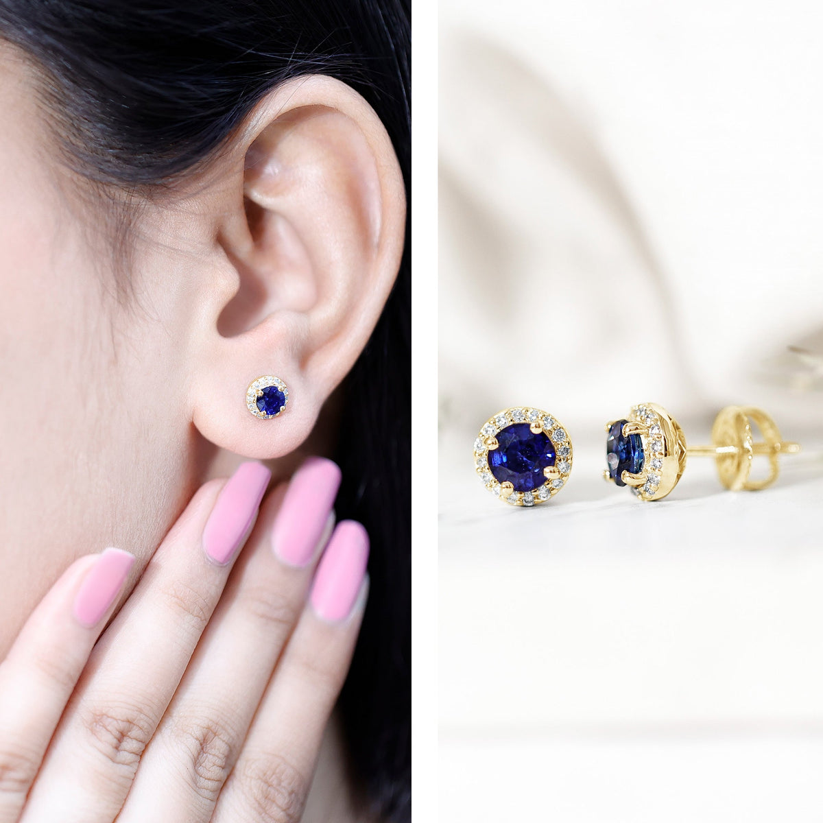 Real 1.9 carat blue sapphire and diamond halo stud earrings by Rosec Jewels, showcasing sparkling gemstones and elegant design.