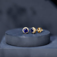 Real 1.9 carat blue sapphire and diamond halo stud earrings by Rosec Jewels featuring sparkling gemstones and elegant design.
