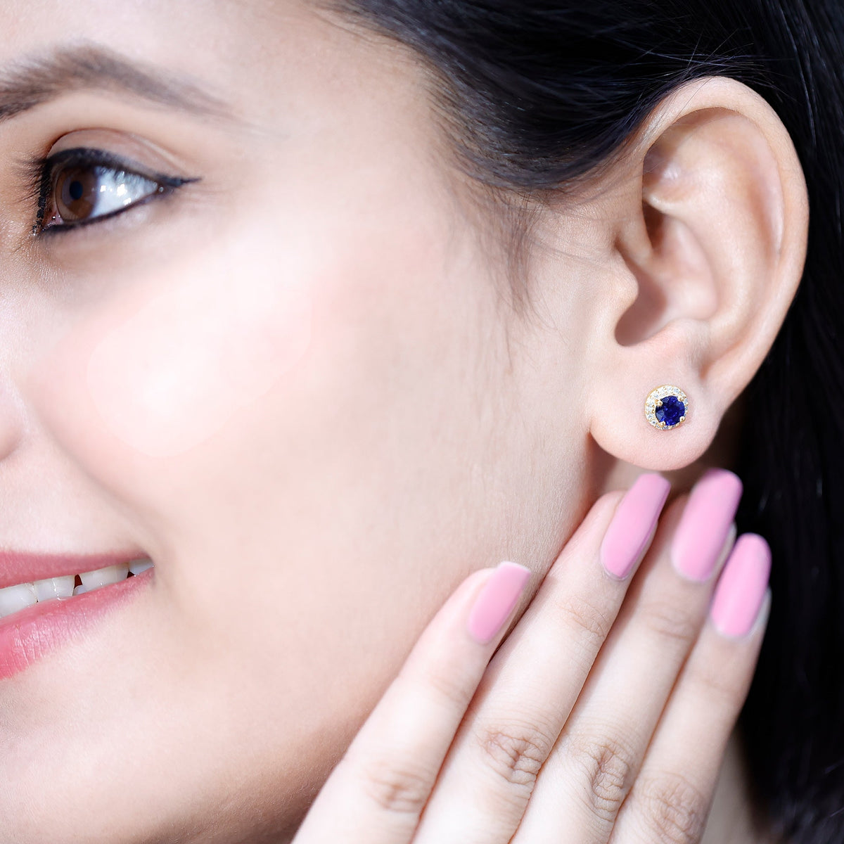 Real 1.9 carat blue sapphire and diamond halo stud earrings by Rosec Jewels, featuring sparkling gemstones and elegant design.