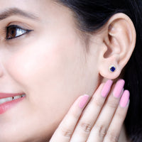 Real 1.9 carat blue sapphire and diamond halo stud earrings by Rosec Jewels, featuring sparkling gemstones and elegant design.