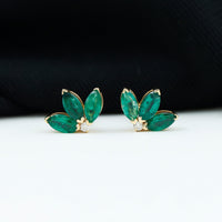 Genuine Emerald and Diamond Lotus Stud Earrings