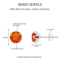 Certified Natural Fire Opal Stud Earrings with Screw Back