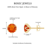 Certified Natural Fire Opal Stud Earrings with Screw Back