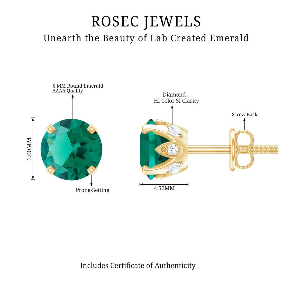 Round Lab Created Emerald Solitaire Stud Earrings with Diamonds