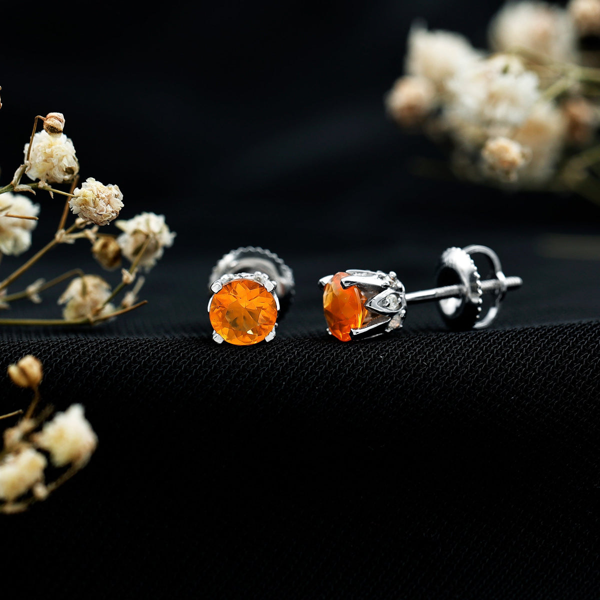 Solitaire Fire Opal Stud Earrings with Diamond Accent