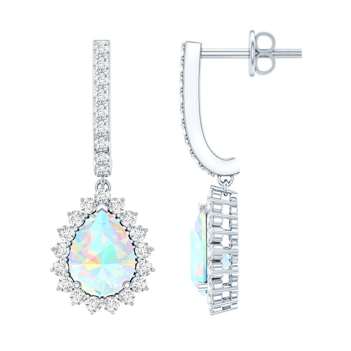 Ethiopian opal teardrop earrings with moissanite halo, featuring Rosec Jewels' elegant jewelry design and sparkling gemstone accents.