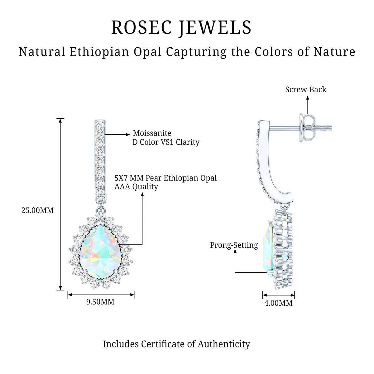 1.4 Carat Ethiopian Opal Teardrop Earrings with Moissanite Halo