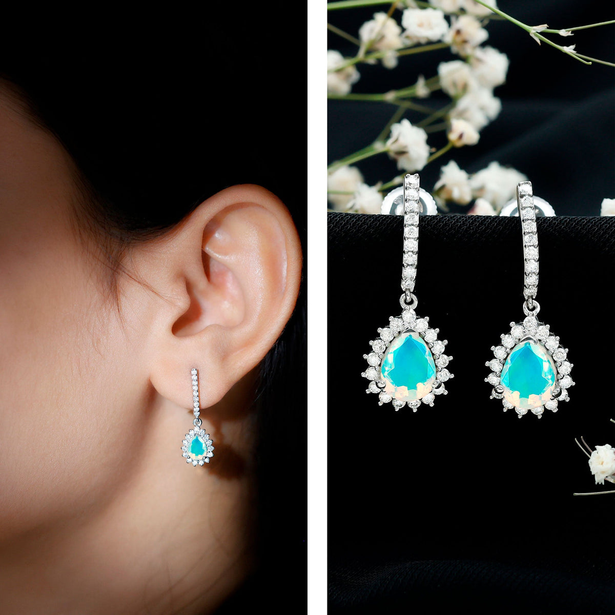 1.4 Carat Ethiopian Opal Teardrop Earrings with Moissanite Halo
