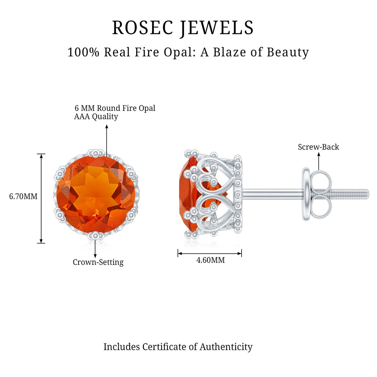 Rosec Jewels 1.5 Carat fire opal solitaire crown stud earrings, showcasing vibrant orange gemstones and elegant gold settings.