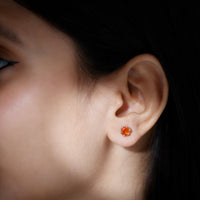 1.5 carat fire opal solitaire crown stud earrings by Rosec Jewels showcasing vibrant orange gemstones in elegant metal settings.