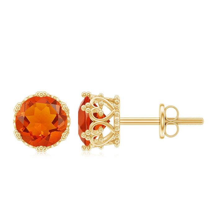 Rosec Jewels 1.5 carat fire opal solitaire crown stud earrings with gold setting, showcasing vibrant orange gemstone and elegant design.