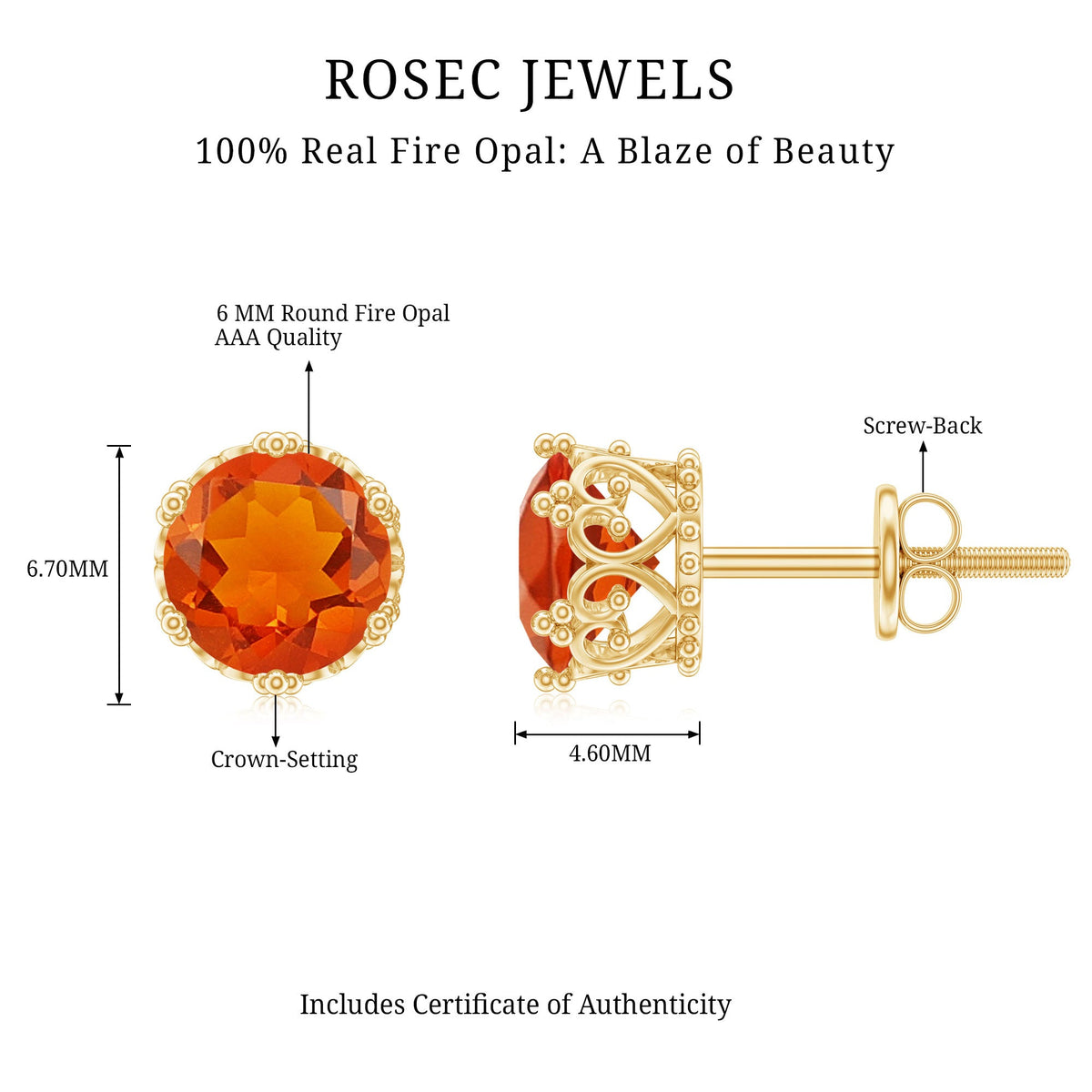 Rosec Jewels 1.5 Carat Fire Opal solitaire crown stud earrings showcasing vibrant orange gemstones and elegant design