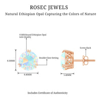 Ethiopian opal solitaire stud earrings in a double prong setting, featuring 4 carats, by Rosec Jewels.