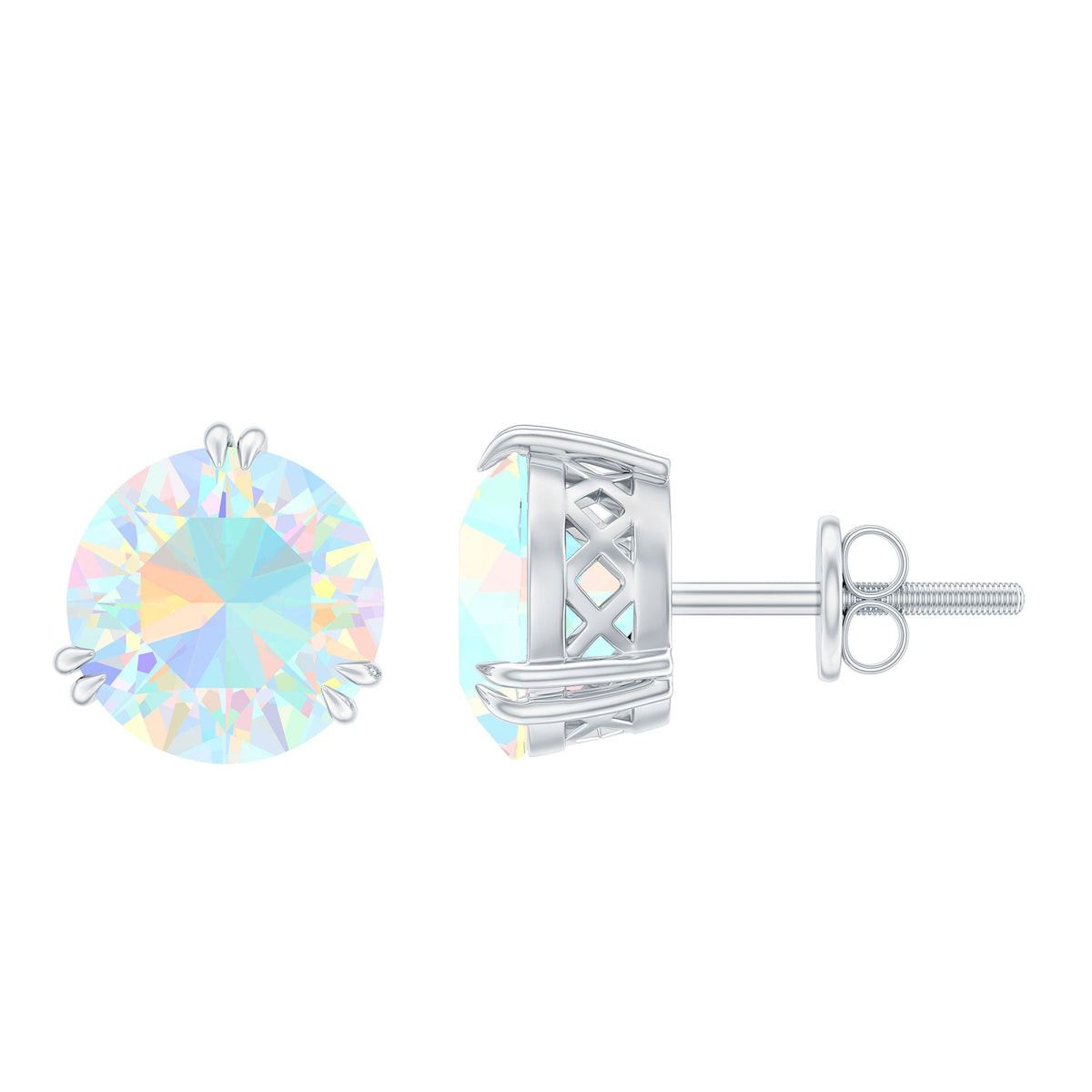 Ethiopian opal solitaire stud earrings in a double prong setting with 4 carats, showcasing vibrant, iridescent gemstone in a sleek design