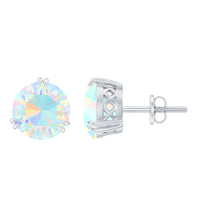 Ethiopian opal solitaire stud earrings in a double prong setting with 4 carats, showcasing vibrant, iridescent gemstone in a sleek design