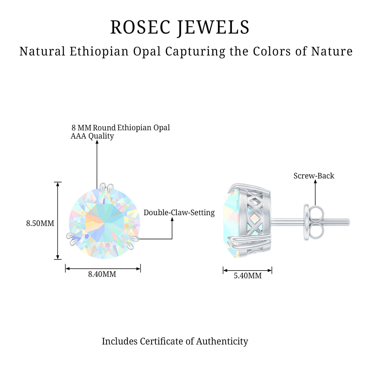 Ethiopian opal solitaire stud earrings in double prong setting by Rosec Jewels, showcasing vibrant 4-carat opal gemstones.