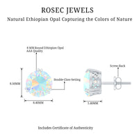 Ethiopian opal solitaire stud earrings in double prong setting by Rosec Jewels, showcasing vibrant 4-carat opal gemstones.