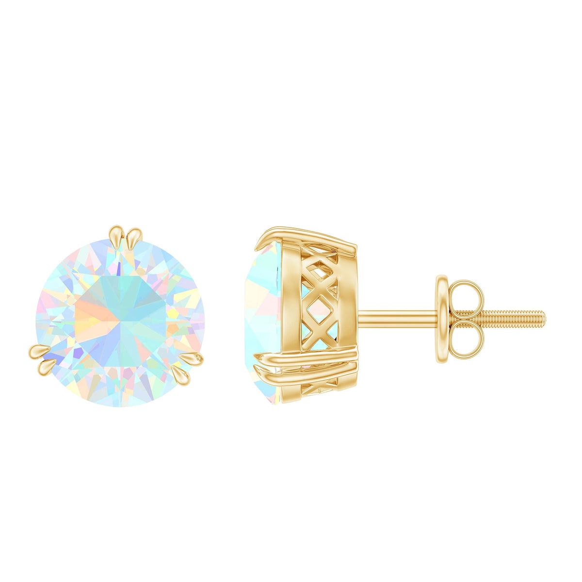 4-carat Ethiopian opal solitaire stud earrings in double prong setting by Rosec Jewels, featuring vibrant, iridescent gemstone.