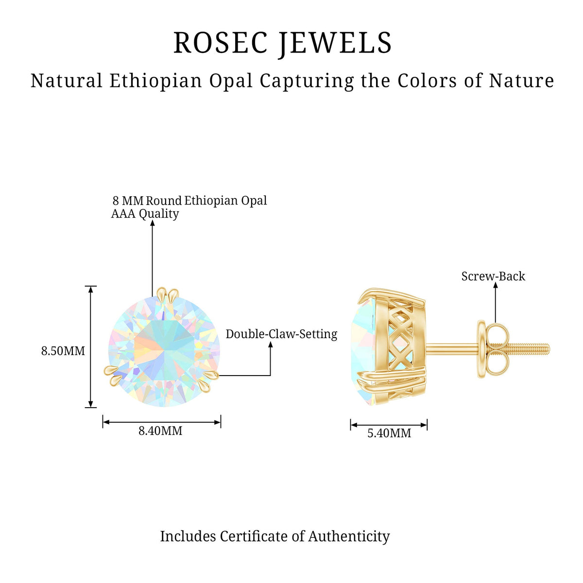 Ethiopian opal solitaire stud earrings in double prong setting by Rosec Jewels, showcasing vibrant 4-carat opal gemstones.