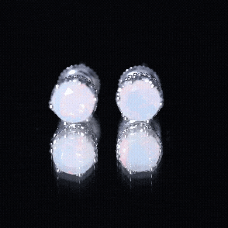 Natural Ethiopian Opal crown stud earrings with screw back by Rosec Jewels, featuring vibrant yellow opal gemstones and secure fastening
