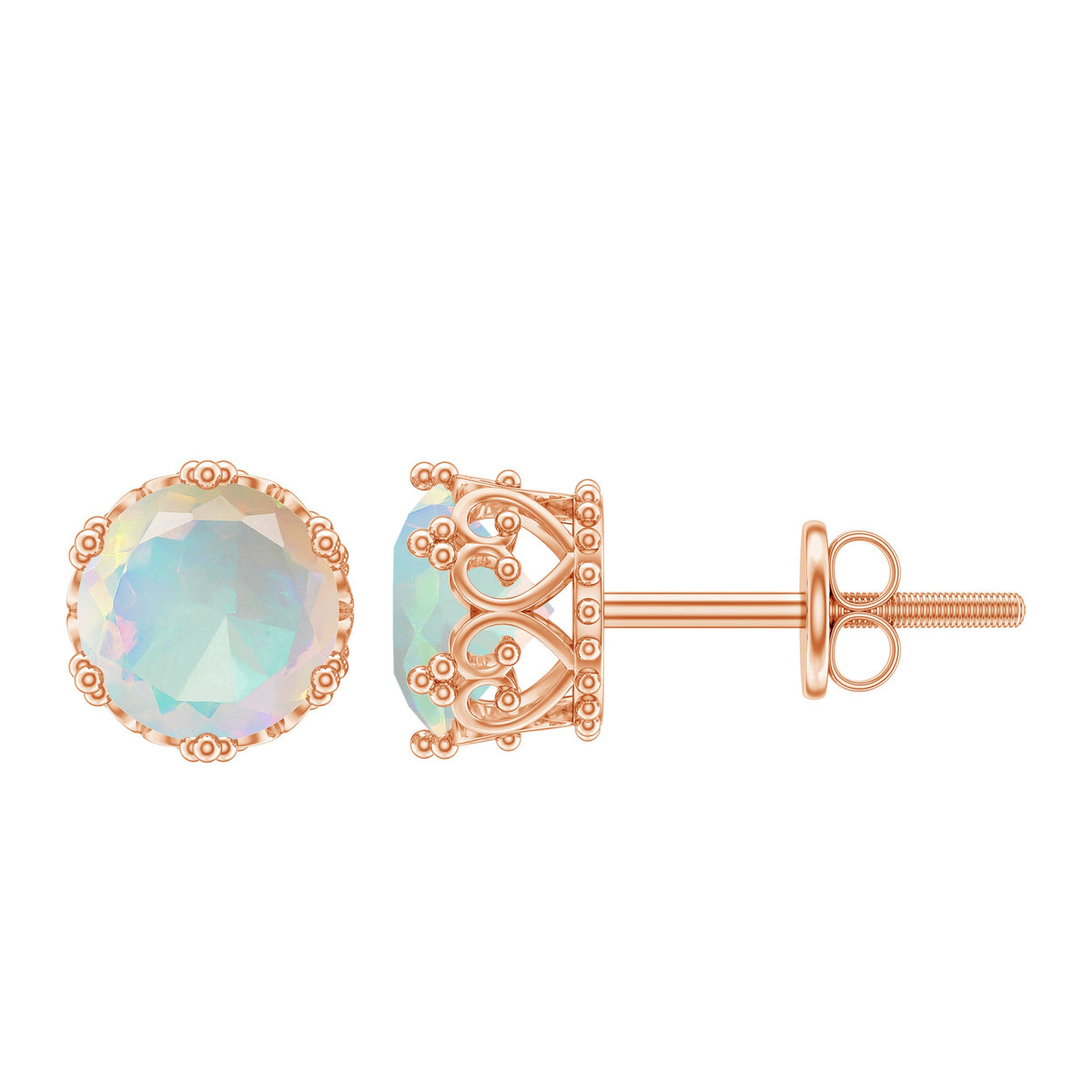 Natural Ethiopian Opal crown stud earrings with screw back by Rosec Jewels, showcasing sparkling opal gemstones and elegant design