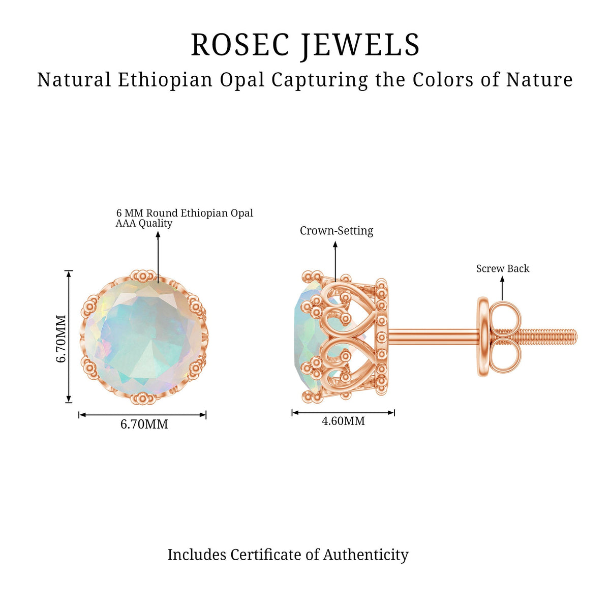 Natural Ethiopian Opal crown stud earrings with screw back by Rosec Jewels, showcasing sparkling opal gemstones and elegant design.