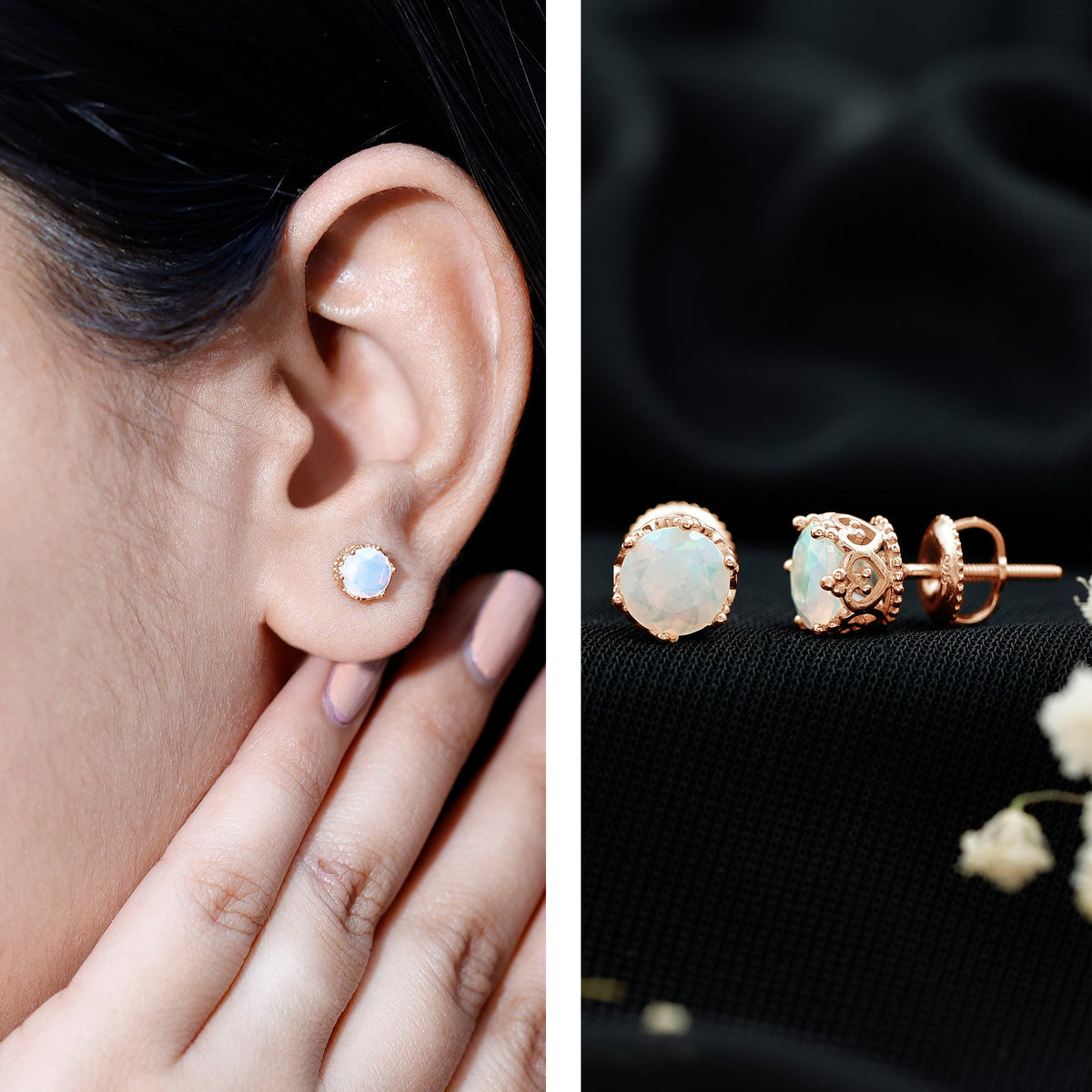 Natural Ethiopian opal crown stud earrings with screw back, showcasing vibrant opal gemstones in a detailed gold setting.