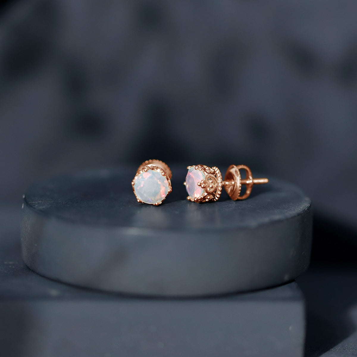 Natural Ethiopian Opal crown stud earrings with screw back by Rosec Jewels, showcasing sparkling opal gemstones and elegant design.